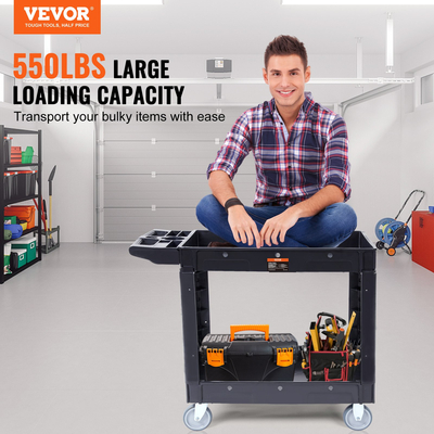 VEVOR Utility Service Cart, 2 Shelf 550LBS Heavy Duty Plastic Rolling Utility Cart με περιστρεφόμενους τροχούς 360°, ράφι μεσαίου χείλους, εργονομική λαβή αποθήκευσης για αποθήκη/Γκαράζ/Καθαρισμό/Γραφείο