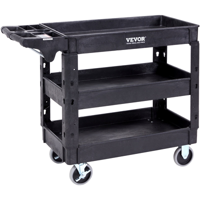VEVOR Utility Service Cart, 3 Shelf 550LBS Heavy Duty Plastic Rolling Utility Cart με περιστρεφόμενους τροχούς 360° (2 με φρένα), ράφι μεσαίου χείλους, εργονομική λαβή αποθήκευσης για αποθήκη/Γκαράζ/Καθαρισμό