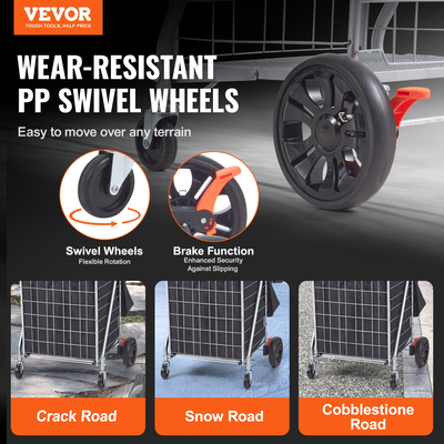 VEVOR Πτυσσόμενο καλάθι αγορών, μέγιστη χωρητικότητα φορτίου 200 lbs, καλάθι παντοπωλείου με περιστρεφόμενους τροχούς και τσάντα, πτυσσόμενο καλάθι ρούχων βαρέως τύπου Τρόλεϊ Συμπαγές ελαφρύ πτυσσόμενο, ασημί