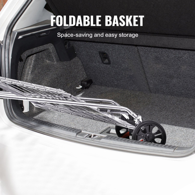 VEVOR Πτυσσόμενο καλάθι αγορών, μέγιστη χωρητικότητα φορτίου 200 lbs, καλάθι παντοπωλείου με περιστρεφόμενους τροχούς και τσάντα, πτυσσόμενο καλάθι ρούχων βαρέως τύπου Τρόλεϊ Συμπαγές ελαφρύ πτυσσόμενο, ασημί