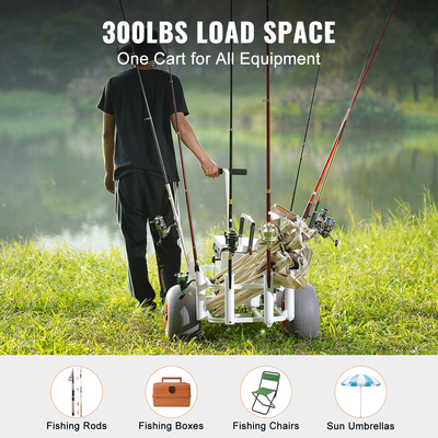 VEVOR Beach Fishing Cart, χωρητικότητα 300 lbs, ψάρι και θαλάσσιο καρότσι με δύο 13&quot; Big Wheels PU Balloon ελαστικά για άμμο, βαρέως τύπου καρότσι αλουμινίου Pier Wagon με 8 καλάμια για ψάρεμα, πικνίκ