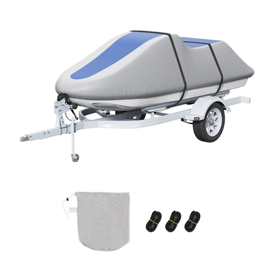 Κάλυμμα για τζετ σκι VEVOR, 3200-3420 χιλ. Trailerable αδιάβροχο κάλυμμα PWC, ύφασμα 600D Marine Grade PU Oxford, ύφασμα Oxford, ανθεκτικό στην υπεριώδη ακτινοβολία, κάλυμμα Seadoo με λουράκια, Προσωπικά καλύμματα για σκάφη, γκρι+μπλε