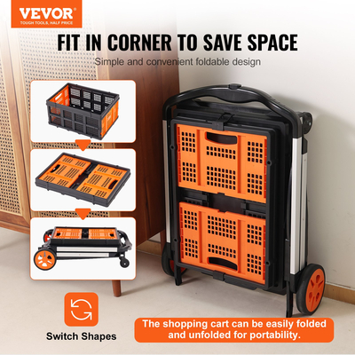 Λειτουργικό πτυσσόμενο καλάθι πολλαπλών χρήσεων VEVOR, χωρητικότητας 198 λίβρες Αναδιπλούμενο καλάθι αγορών 2 επιπέδων με ρόδες, πτυσσόμενο καρότσι βοηθείας με θήκη αποθήκευσης, φορτηγό 2 σε 1 για παντοπωλείο/αποσκευές/μετακόμιση/γραφείο
