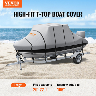 VEVOR T Top Boat Cover, 20&#039;-22&#039; Waterproof Trailerable T-Top Cover, 600D Marine Grade PU Oxford, με αντιανεμικούς ιμάντες πόρπης, για σκάφος κεντρικής κονσόλας με οροφή T, χωράει 20&#039;-22&#039;L x 106&quot;W , Γκρι