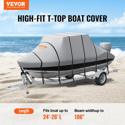 VEVOR T Top Boat Cover, 24&#039;-26&#039; Αδιάβροχο Trailerable T-Top Cover Boat, 600D Marine Grade PU Oxford, με αντιανεμικούς ιμάντες πόρπης, για σκάφος κεντρικής κονσόλας με T Top Roof, Ταιριάζει 24&#039;-26&#039;L x 106&quot;W , Γκρι
