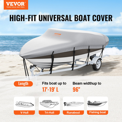 VEVOR Boat Cover, 5180-5790 mm Trailerable Waterproof Cover, 600D Marine Grade PU Oxford, με κάλυμμα κινητήρα και ιμάντες πόρπης, για V-Hull, Tri-Hull, Fish Ski Boat, Runabout, Bass Boat, Grey