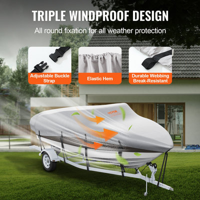 VEVOR Boat Cover, 5180-5790 mm Trailerable Waterproof Cover, 600D Marine Grade PU Oxford, με κάλυμμα κινητήρα και ιμάντες πόρπης, για V-Hull, Tri-Hull, Fish Ski Boat, Runabout, Bass Boat, Grey
