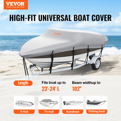 VEVOR Boat Cover, 7010-7310 mm Trailerable Waterproof Cover, 600D Marine Grade PU Oxford, με κάλυμμα κινητήρα και ιμάντες πόρπης, για V-Hull, Tri-Hull, Fish Ski Boat, Runabout, Bass Boat, Grey