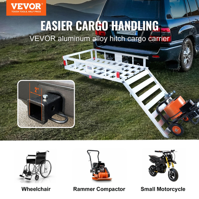VEVOR 50 x 29,5 x 8,7 ιντσών Hitch Cargo Carrier, 500lbs Capacity Trailer Hitch Mounted Cargo Basket, Αλουμινένιο ράφι μεταφοράς αποσκευών με πτυσσόμενη ράμπα, χωράει 2&quot; Δέκτης κοτσαδόρου για SUV Truck Pickup Camping
