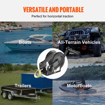 Βαρούλκο χειρός VEVOR, χωρητικότητα έλξης 1200 λίβρες, Βαρούλκο ρυμουλκούμενου σκάφους Βαρούλκο βαρέως τύπου σχοινιού με ιμάντα 23 ft και καστάνια διπλής κατεύθυνσης, χειροκίνητο βαρούλκο με μανιβέλα για ρυμούλκηση ρυμουλκούμενου, σκάφους ή ATV