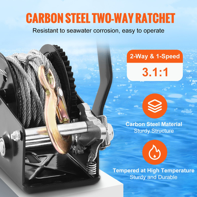 Βαρούλκο χειρός VEVOR, χωρητικότητα έλξης 800 λίβρες, Βαρούλκο ρυμουλκούμενου σκάφους Στρόφαλο βαρέως τύπου σχοινιού με ατσάλινο συρμάτινο καλώδιο 33 ποδών και καστάνια διπλής κατεύθυνσης, χειροκίνητο βαρούλκο με μανιβέλα για ρυμούλκηση τρέιλερ, σκάφους ή ATV