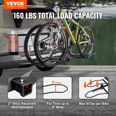 Βάση ποδηλάτου VEVOR Hitch Mount Bike Rack, στυλ πλατφόρμας 2 ποδηλάτων, 160 LBS Max Capacity Bike Rack Hitch για δέκτη 2 ιντσών, τιτλοδοτούμενο και αναδιπλούμενο φορέα ποδηλάτου με ελαστικά πλάτους έως 5&quot;, για αυτοκίνητο, SUV, φορτηγό, RV, Ορθογώνια διασύνδεση