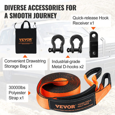 VEVOR Off-Road Recovery Kit, 3&quot; x 30&#039;, Heavy Duty Winch Recovery Kit με ιμάντα ρυμούλκησης 30.000 lbs, δεσμίδες D-ring 44.092 lbs, δέκτη δεσμών και τσάντα αποθήκευσης, για ATV, Jeephi, Off-Road
