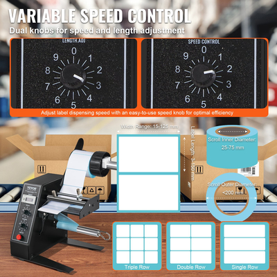 Αυτόματος διανομέας ετικετών VEVOR, Πλάτος 0,6&quot;-4,9&quot;/15-125 mm, Μήκος 0,1&quot;-5,9&quot;/3-150 mm, Αυτόματο μηχάνημα διαχωρισμού ετικετών απογυμνωτή ετικετών, Εφαρμογή ετικετών με δυνατότητα ρύθμισης ταχύτητας, αυτόματη καταμέτρηση 0-999999