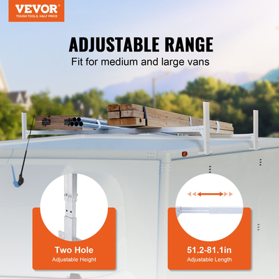 VEVOR Van Roof Ladder Rack, 2 Bars Racks Roof Ladder Racks, 181 kg Χωρητικότητα Rain-Gutter Van Roof Rack, Ρυθμιζόμενο μήκος 1300-2060 mm, Βάση σκάλας Van για Van, Cargo, Trailer