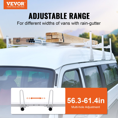 VEVOR Van Roof Ladder Rack, Σχάρες σκάλας από κράμα χάλυβα 3 Bar με πώματα σκάλας, χωρητικότητα 340 kg, Ρυθμιζόμενες σχάρες οροφής για φορτηγά πλήρους μεγέθους με υδρορροές βροχής, συμβατές με Chevrolet Express κ.λπ.