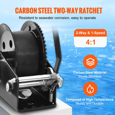 Βαρούλκο χειρός VEVOR, χωρητικότητα έλξης 1600 λίβρες, Βαρούλκο ρυμουλκούμενου σκάφους Βαρούλκο βαρέως τύπου σχοινιού με ιμάντα 33 ft και καστάνια διπλής κατεύθυνσης, χειροκίνητο βαρούλκο με μανιβέλα για ρυμούλκηση ρυμουλκούμενου, σκάφους ή ATV