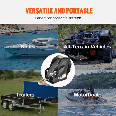 Βαρούλκο χειρός VEVOR, χωρητικότητα έλξης 1600 λίβρες, Βαρούλκο ρυμουλκούμενου σκάφους Βαρούλκο βαρέως τύπου σχοινιού με ιμάντα 33 ft και καστάνια διπλής κατεύθυνσης, χειροκίνητο βαρούλκο με μανιβέλα για ρυμούλκηση ρυμουλκούμενου, σκάφους ή ATV
