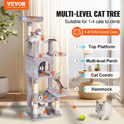 VEVOR Cat Tree 60,6&quot; Cat Tower with Cat Condo Sisal Scratching Post Ανοιχτό γκρι
