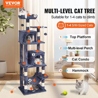 VEVOR Cat Tree 63&quot; Cat Tower with 2 Cat Condos Sisal Scratching Post Ανοιχτό γκρι