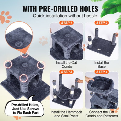 VEVOR Cat Tree 63&quot; Cat Tower with 2 Cat Condos Sisal Scratching Post Ανοιχτό γκρι