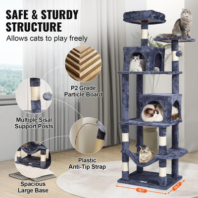 VEVOR Cat Tree 63&quot; Cat Tower with 2 Cat Condos Sisal Scratching Post Ανοιχτό γκρι