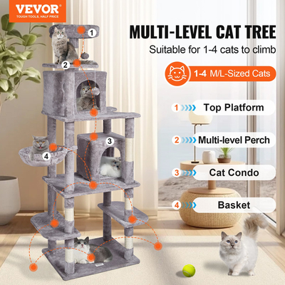 VEVOR Cat Tree 68,5&quot; Cat Tower with Cat Condos Sisal Scratching Post Ανοιχτό Γκρι