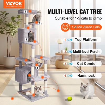VEVOR Cat Tree 72&quot; Cat Tower with 2 Cat Condos Sisal Scratching Post Ανοιχτό γκρι