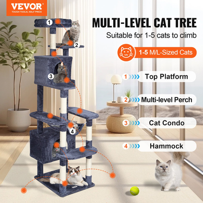 VEVOR Cat Tree 72&quot; Cat Tower with 2 Cat Condos Sisal Scratching Post Dark Grey