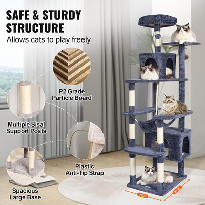 VEVOR Cat Tree 72&quot; Cat Tower with 2 Cat Condos Sisal Scratching Post Dark Grey