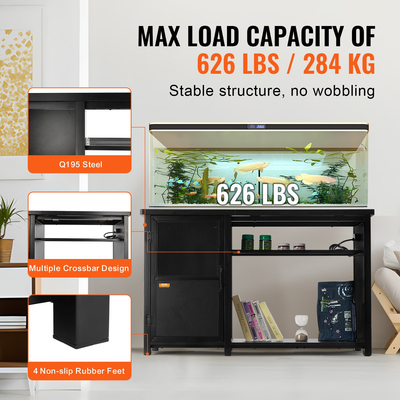 Βάση ενυδρείου VEVOR, Βάση δεξαμενής ψαριών 75 γαλονιών, 52 x 19,7 x 32,3 σε ατσάλι και MDF βάση δεξαμενής χελώνας, χωρητικότητα φόρτωσης 626 lbs, βάση ερπετών με ντουλάπι αποθήκευσης και ενσωματωμένο πάνελ ισχύος, μαύρο