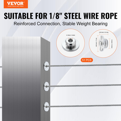 VEVOR 51 Pack κιτ κιγκλιδώματος καλωδίων, μανίκια προστασίας τροχού 3,2 χιλιοστών, δέσμη με μαύρο αόρατο εντατήρα και ακροδέκτη 3,2 χιλιοστών, προστατευτικά καλύμματα θέσης κιγκλιδώματος καλωδίου για οριζόντιο στύλο 0,41 ιντσών