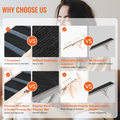 Ράμπα σκυλιών VEVOR, Πτυσσόμενη ράμπα κατοικίδιων για κρεβάτι, ρυθμιζόμενη ράμπα σκυλιών για μικρούς, μεγάλους, ηλικιωμένους σκύλους και γάτες, Ξύλινη ράμπα για κατοικίδια με μακριά ράμπα 47,2&quot;, Ρυθμιζόμενη από 13,8&quot; έως 27,6&quot;, Κατάλληλη για καναπέ, καναπέ, αυτοκίνητο