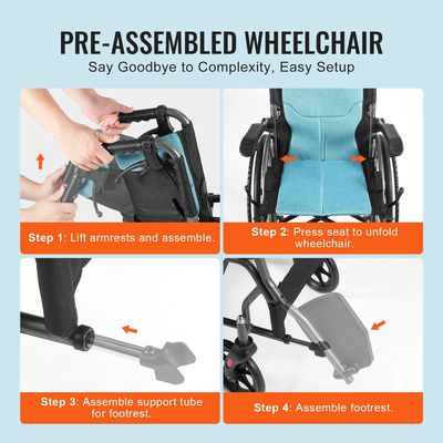 VEVOR Αναπηρική καρέκλα από κράμα αλουμινίου Εξαιρετικά ελαφρύ πλατύ κάθισμα 18 ιντσών 250 λίβρες