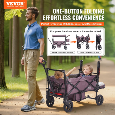 VEVOR Wagon καροτσάκι Push Pull Quad Πτυσσόμενο για 2 παιδιά με σκούρο μωβ κουβούκλιο