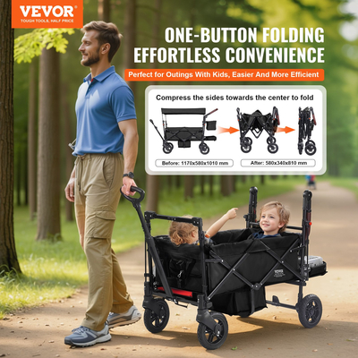 VEVOR Wagon καρότσι Push Pull Quad Πτυσσόμενο για 2 Παιδιά με Μαύρο Θόλο