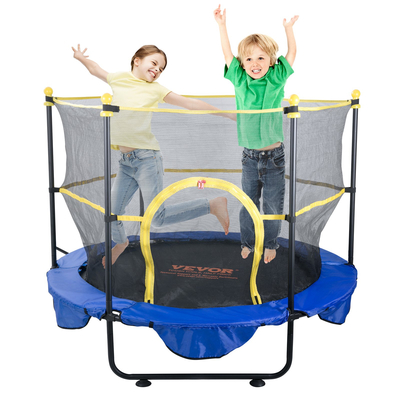 VEVOR 5FT Τραμπολίνο για παιδιά, Τραμπολίνο εσωτερικού χώρου 60&quot; με δίχτυ ασφαλείας, στεφάνι μπάσκετ και μπάλες ωκεανού, μίνι ψυχαγωγικό τραμπολίνο για νήπια δώρα γενεθλίων για παιδιά 3+ ετών