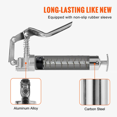 Γράσο πιστόλι VEVOR Pistol Grip, 3500 PSI, 4 OZ / 120 CC χωρητικότητας Heavy Duty Professional Grease Gun, με εύκαμπτο σωλήνα 11,65 ιντσών, 2 μαύρους επίπεδους συνδέσμους, 1 ενισχυμένο ακροφύσιο και 2 άκαμπτους μεταλλικούς σωλήνες