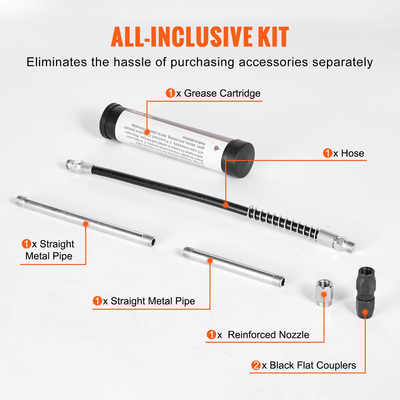 Γράσο πιστόλι VEVOR Pistol Grip, 3500 PSI, 4 OZ / 120 CC χωρητικότητας Heavy Duty Professional Grease Gun, με εύκαμπτο σωλήνα 11,65 ιντσών, 2 μαύρους επίπεδους συνδέσμους, 1 ενισχυμένο ακροφύσιο και 2 άκαμπτους μεταλλικούς σωλήνες