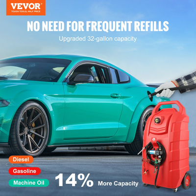 VEVOR Fuel Caddy, 32 γαλόνια, φορητό ρεζερβουάρ αποθήκευσης καυσίμου σε τροχούς, με αντλία μεταφοράς 12V DC 140 W (μόνο για Diesel), Δοχείο καυσίμου ντίζελ με σωλήνα 13 Ft, Ρυθμός ροής 40 L/min, για φορτηγά, σκάφη