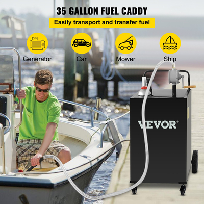 VEVOR Fuel Caddy Δεξαμενή αποθήκευσης καυσίμου 35 γαλόνι 4 τροχοί με Manuel Pump, μαύρο