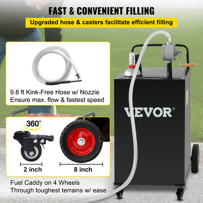 VEVOR Fuel Caddy Δεξαμενή αποθήκευσης καυσίμου 35 γαλόνι 4 τροχοί με Manuel Pump, μαύρο