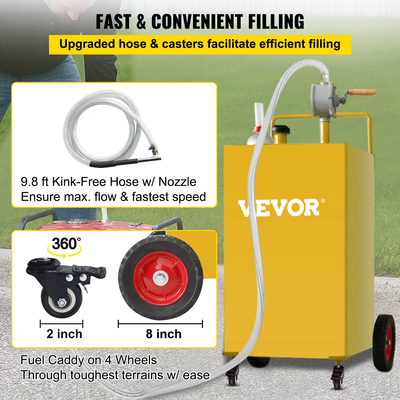 VEVOR Fuel Caddy, 35 Gallon, Δεξαμενή αποθήκευσης αερίου σε 4 τροχούς, με Manuel Transfer Pump, Δοχείο καυσίμου βενζίνης ντίζελ για αυτοκίνητα, χορτοκοπτικά, ATV, σκάφη, Περισσότερα, κίτρινο