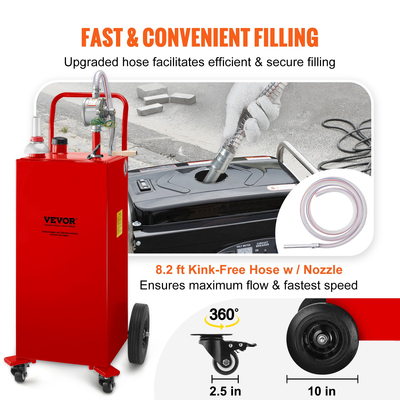 VEVOR Fuel Caddy, 35 γαλόνια, Δεξαμενή αποθήκευσης αερίου σε 4 τροχούς, με αντλία μεταφοράς Manuel, Δοχείο καυσίμου βενζίνης ντίζελ για αυτοκίνητα, χορτοκοπτικά, ATV, σκάφη, Περισσότερα, κόκκινο