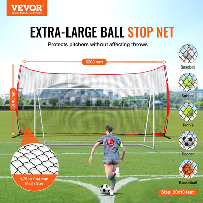 VEVOR Barricade Backstop Net, αθλητικό δίχτυ 20x10 ft με μπάλα, φορητός εξοπλισμός εξάσκησης με τσάντα μεταφοράς, οθόνη προστασίας για προπόνηση ποδοσφαίρου λακρός ποδοσφαίρου Baseball για χόκεϊ στο πίσω μέρος