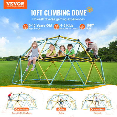 VEVOR Climbing Dome, 10FT Geometric Dome Climber με αιώρα και κούνια, για παιδιά 3 έως 10 ετών, Jungle Gym που υποστηρίζει 750LBS και εύκολη συναρμολόγηση, με λαβή αναρρίχησης, εξοπλισμό για παιχνίδι στην αυλή εξωτερικού χώρου