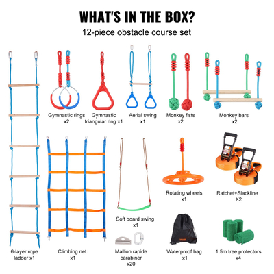 VEVOR 2x50 ft Ninja Warrior Obstacle Course Kids Outdoor Slackline 12 Obstacles