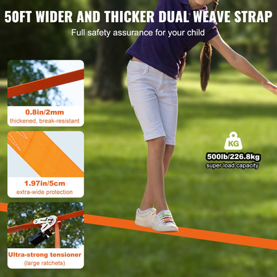 VEVOR Ninja Warrior Obstacle Course for Kids, 15,24 m Αδιάβροχα Slacklines, 500lbs Weight Capacity Monkey Line, Outdoor Playset Equipment, Backyard Toys Training Equipment with 10 Obstacles