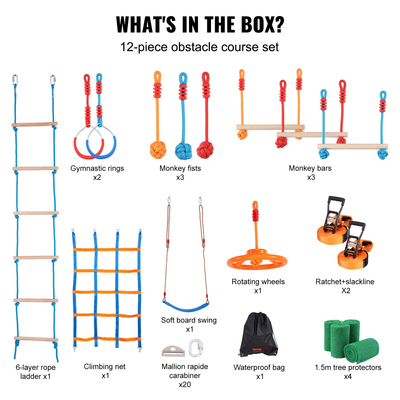 VEVOR 2x56 ft Ninja Warrior Obstacle Course Kids Outdoor Slackline 12 Obstacles