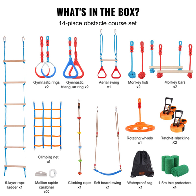 VEVOR 2x60 ft Ninja Warrior Obstacle Course Kids Outdoor Slackline 14 Obstacles